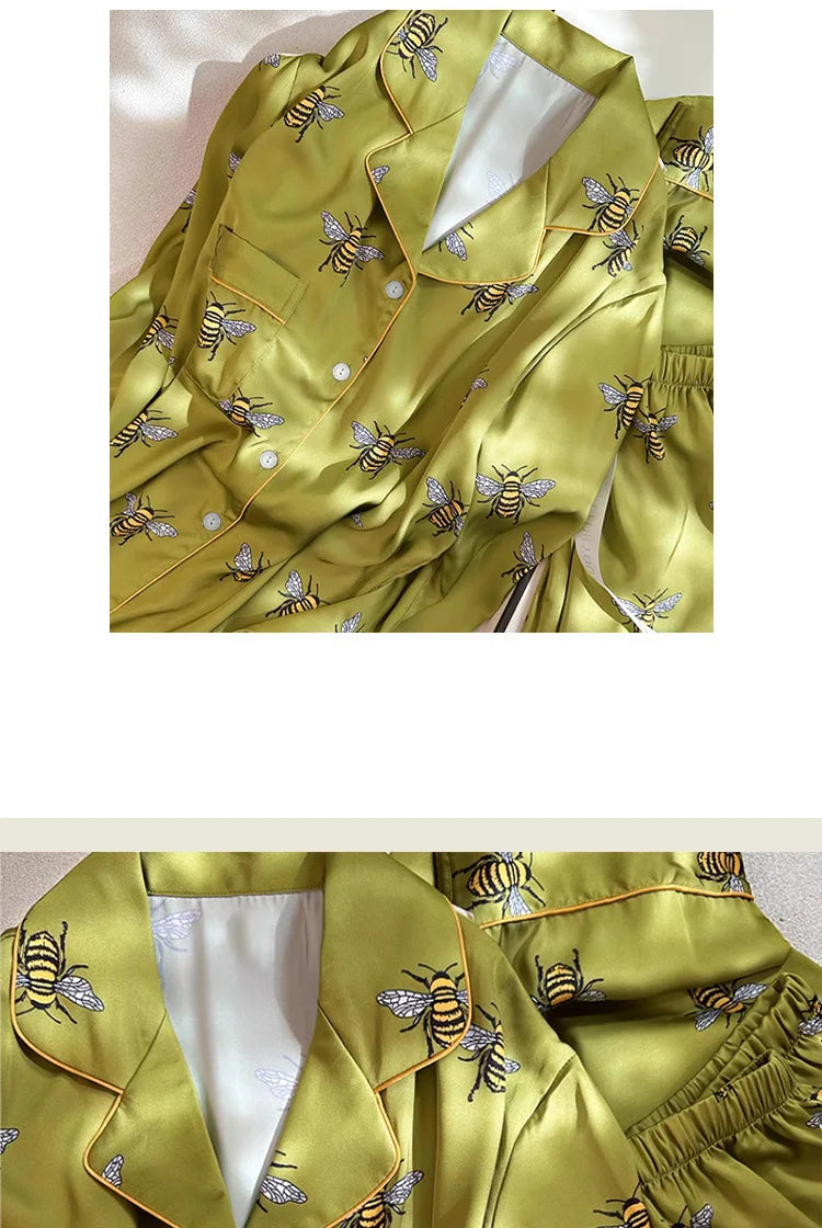 Women's 2PCS Pajama Set Pocket Silk Satin Sleepwear Spring Autumn fashion Print Pyjama Long Sleeve Pijama Mujer Pjs Homewear