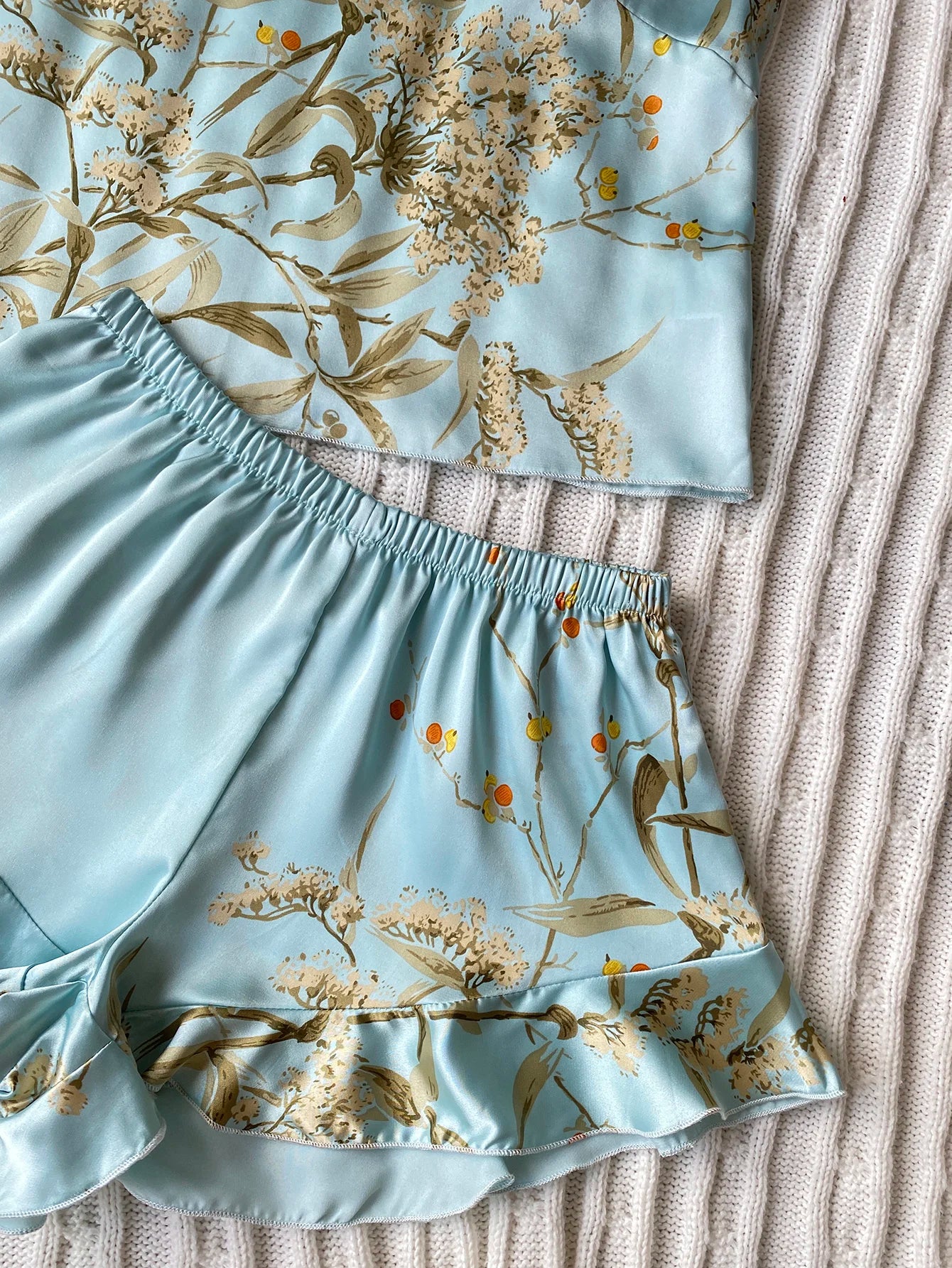 Elegant Floral Print Cami Tops Ruffle Hem Shorts Pajama Set Women's Sleepwear Loungewear
