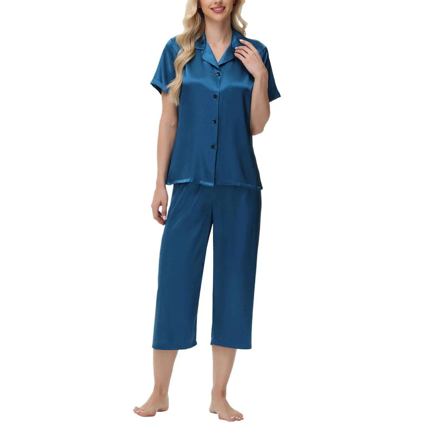 Women'S Pajama Set Burgundy Silky Fabric Short Sleeve Fashion Pants Home Clothes Bedroom Leisure Scene Stay At Home