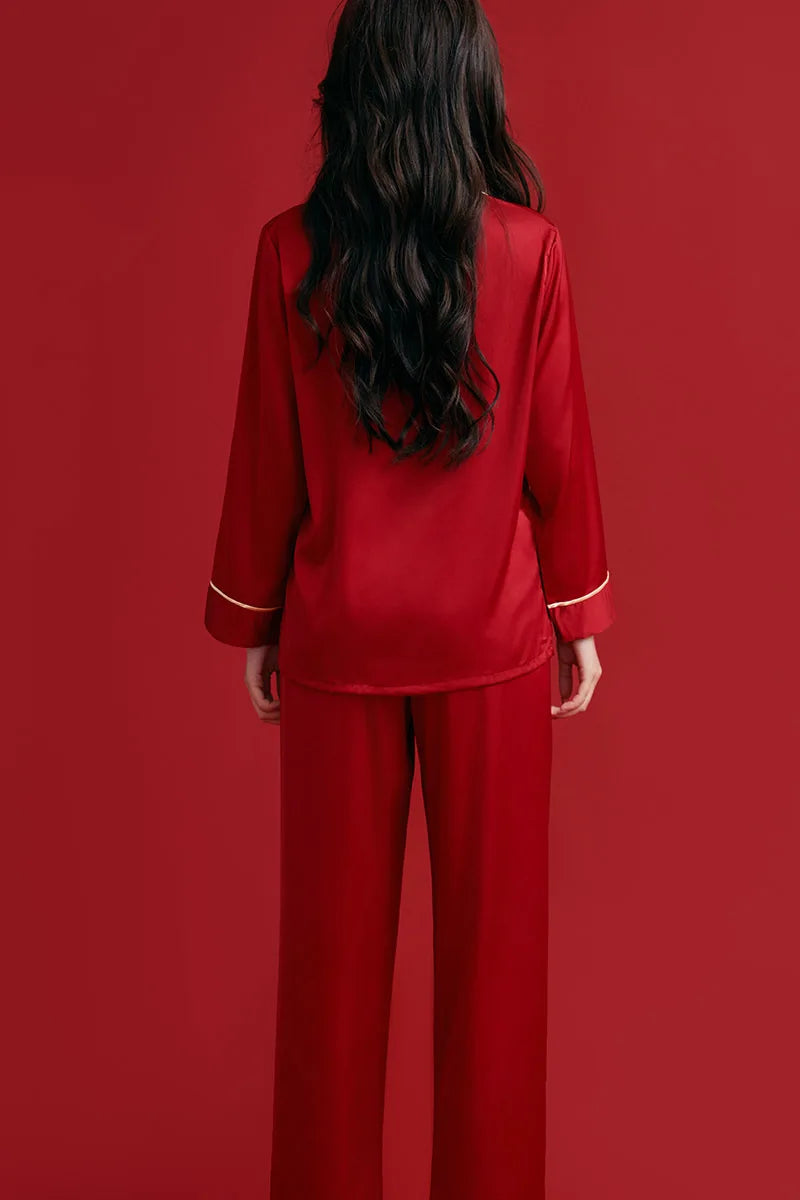 Couples Casual Red Pajamas Ice Silk Women Mens Pajama Pants Sets Satin Long Sleeve Sleepwear Home Pijama Night Wear Loungewear
