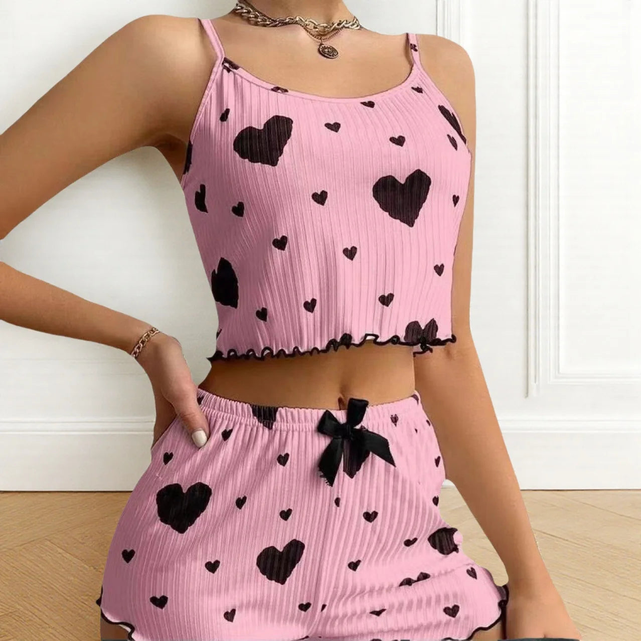 Summer New Women's Pajama Set Breathable Soft Casual Love Printed Design Sweet Home Strap Shorts Pajamas