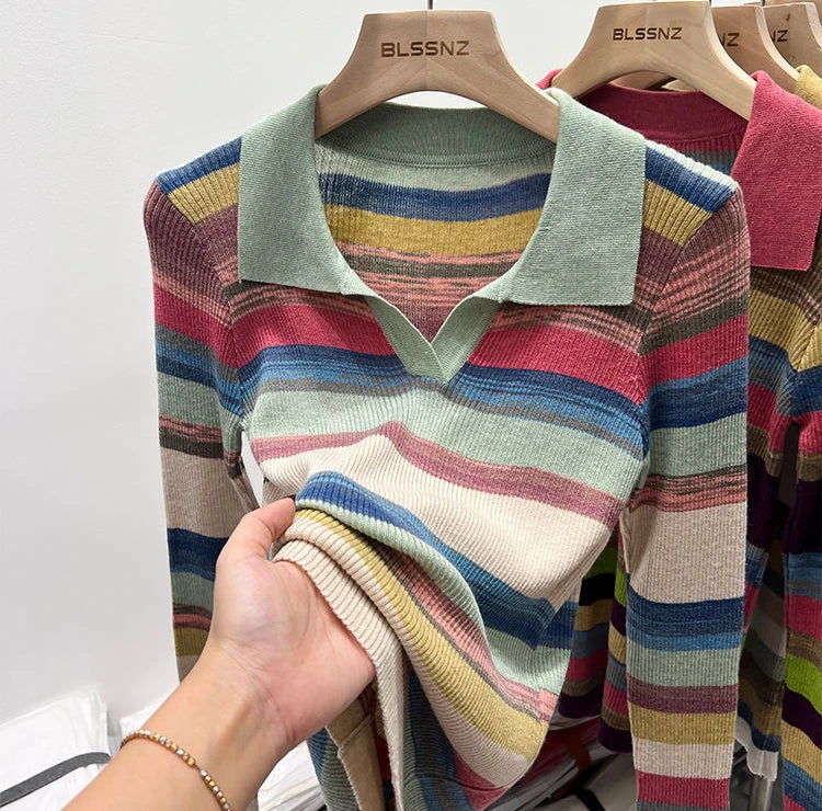 Polo Neck Shirts For Women Long Sleeve Tops Striped Clothing Knit Youth Offer Chic Elegant Summer 2024 T-shirt Woman Cotton New