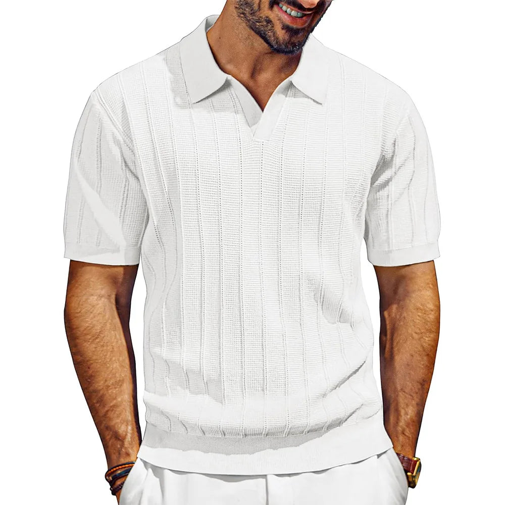 Polo Shirts Knitted Solid Tops Pullover V Neck Short Sleeve Tees Men Casual Shirt Summer Slight Strech Spliced Loose 2025