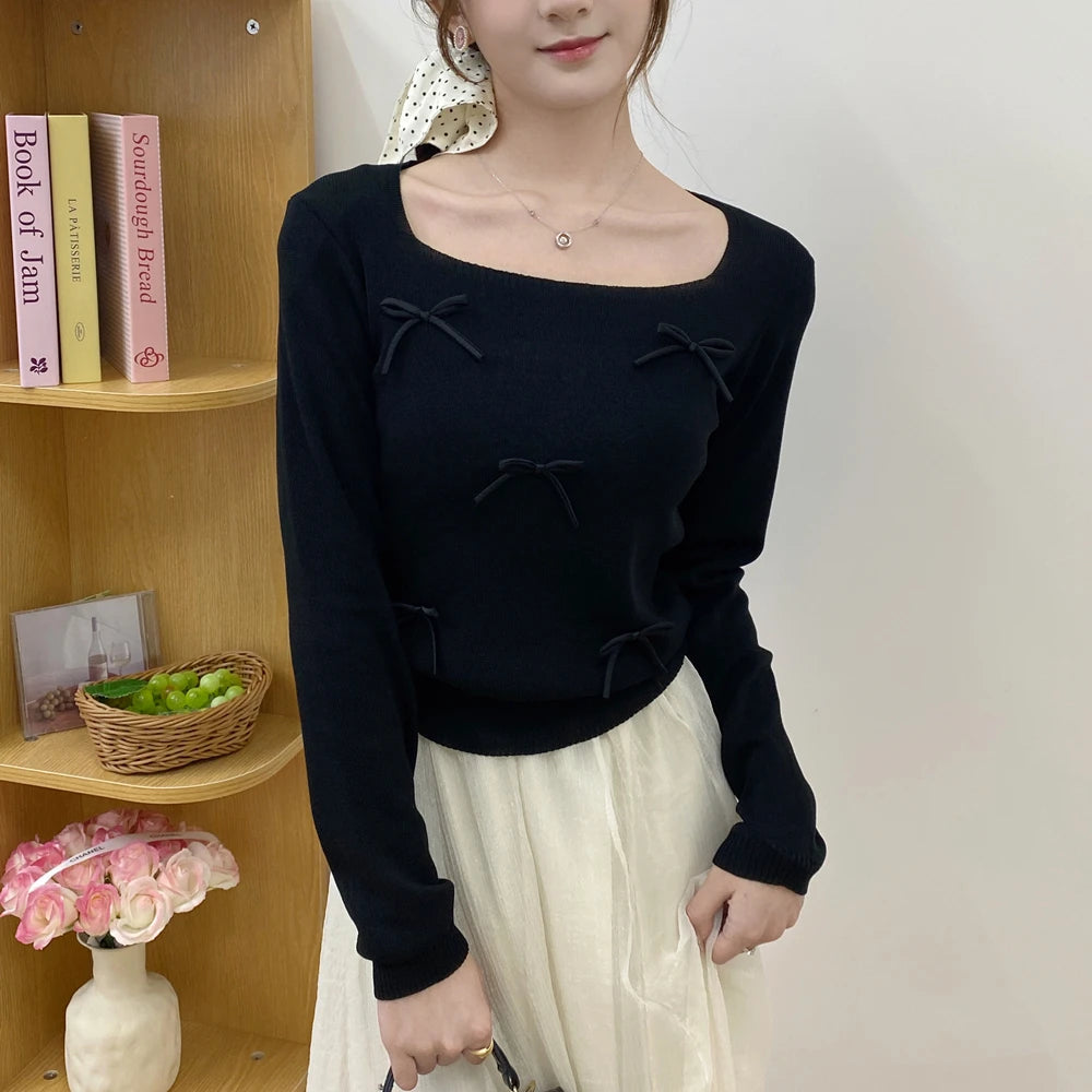 Women Bow Cute Knitted Crop Tops Long Sleeve Square Collar Slim Black Pullover Sweater Female 2025 Autumn And Winter