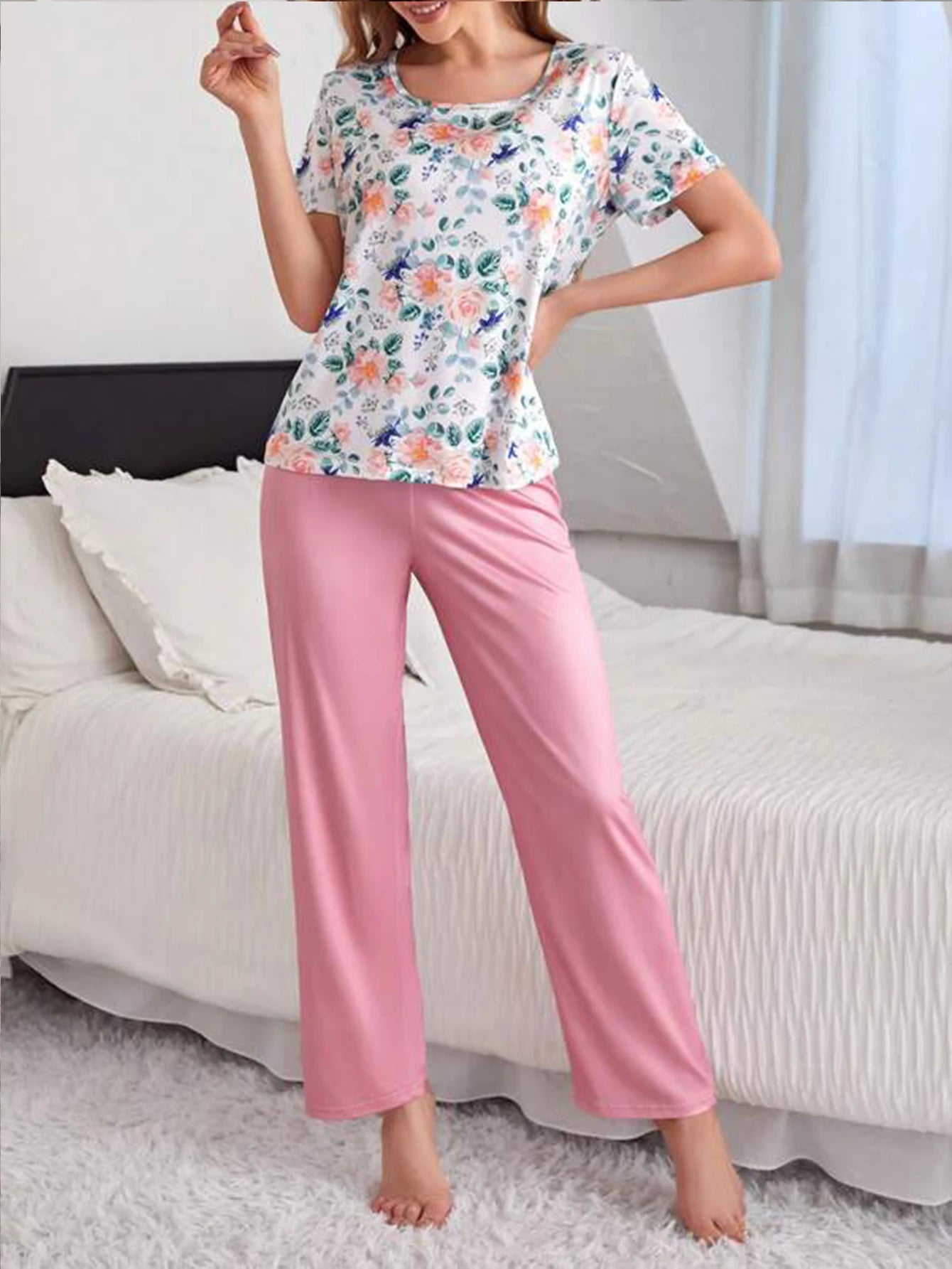 Casual Floral Print Pajama Set Short Sleeve Round Crew Neck Top Elastic Pants Women's Sleepwear Loungewear Set