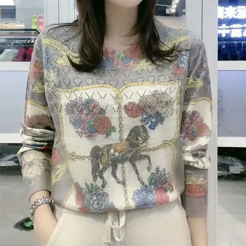 Autumn Winter Oversized Diamonds Print Loose Casual Sweater Women Round Neck Elegant Knitting Pullover Fashion All-match Top