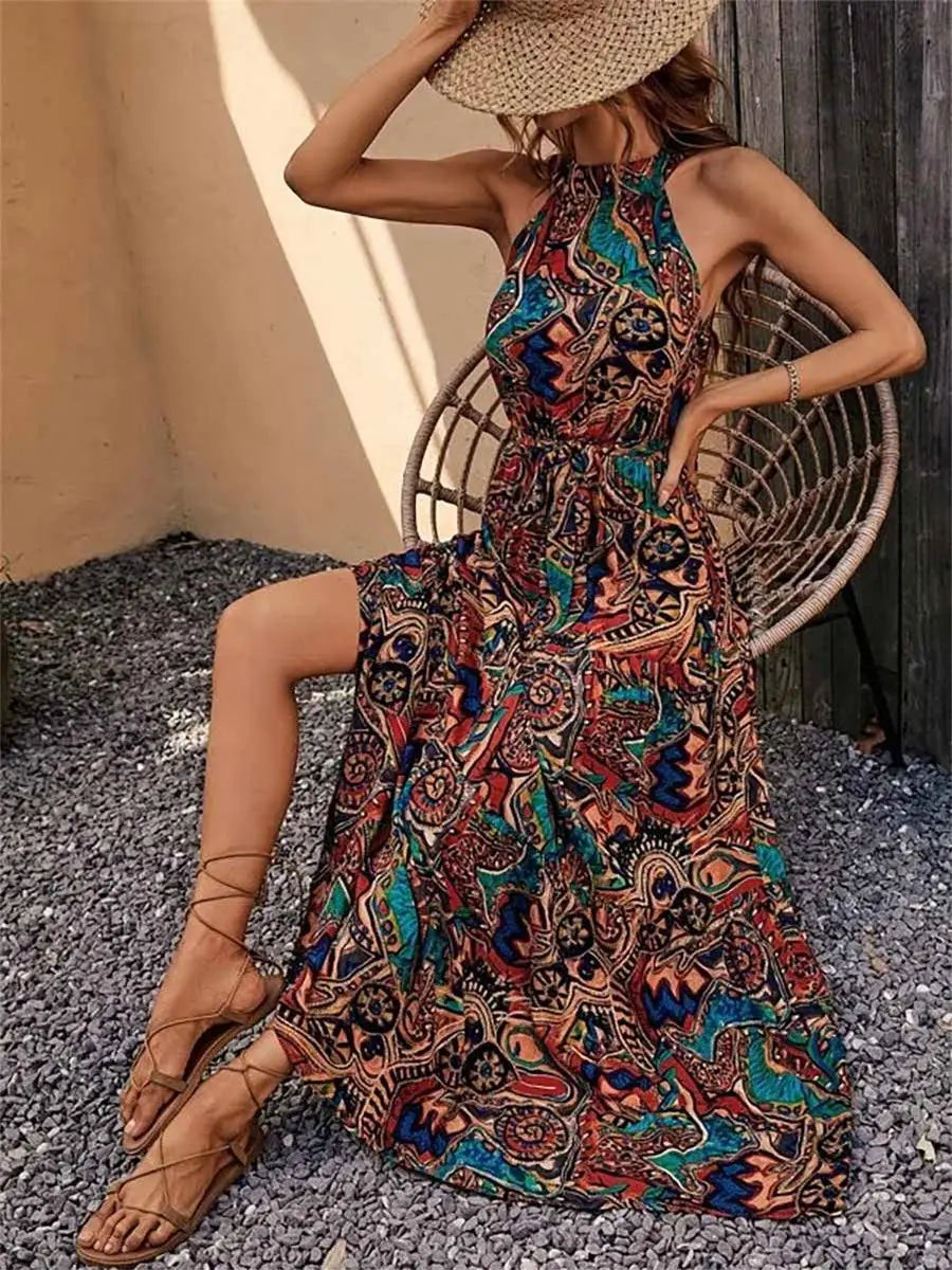 Women's Dress Elegant Print Sleeveless O-neckhalter Off Shoulder Dresses Vintage Waistlace Up Boho Women Long Dress Vestidos