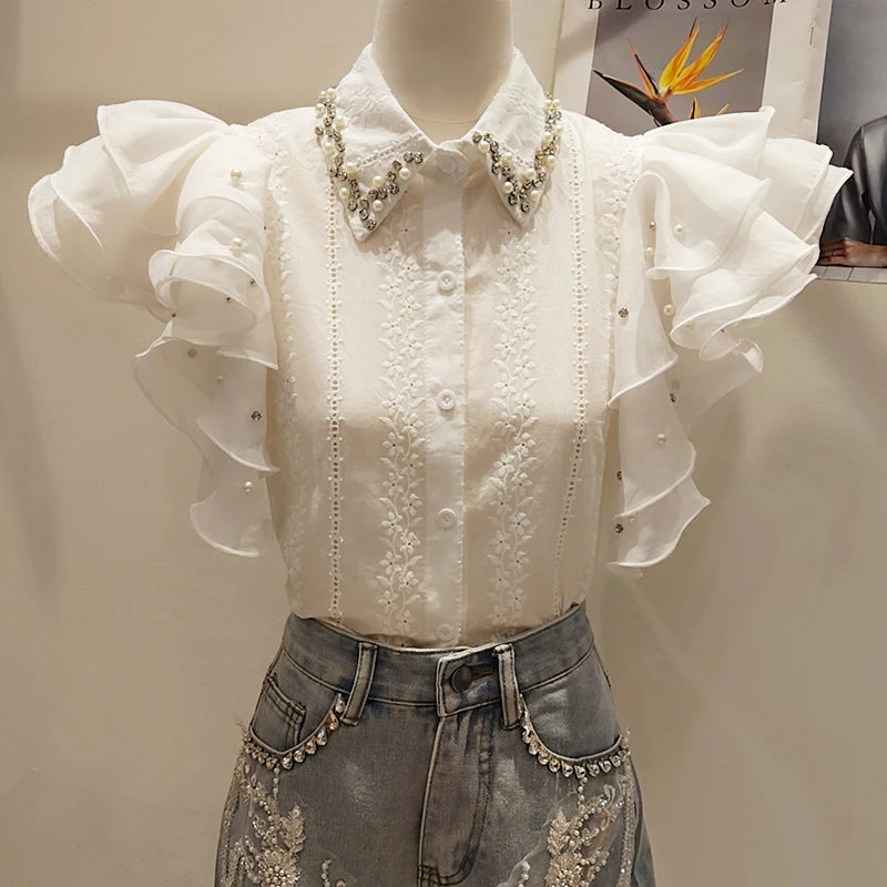2025 Blusas Mujer De Moda Sweet Blouse Diamond Flying Sleeve Ruffles Pink Shirts Temperament Summer Blouses Tops Women Clothing