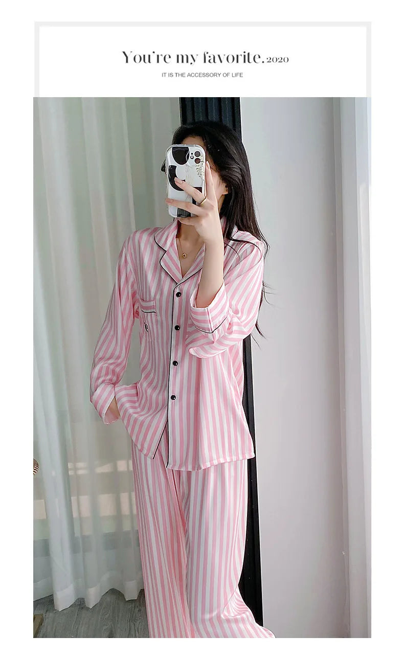 Pink Striped Pajama Set Loungewear Long Sleeves Pants Home Wear Women's Printed Lapel Sleepwear Satin Loose Casual Nightwear