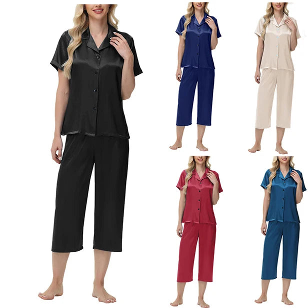 Women'S Pajama Set Burgundy Silky Fabric Short Sleeve Fashion Pants Home Clothes Bedroom Leisure Scene Stay At Home