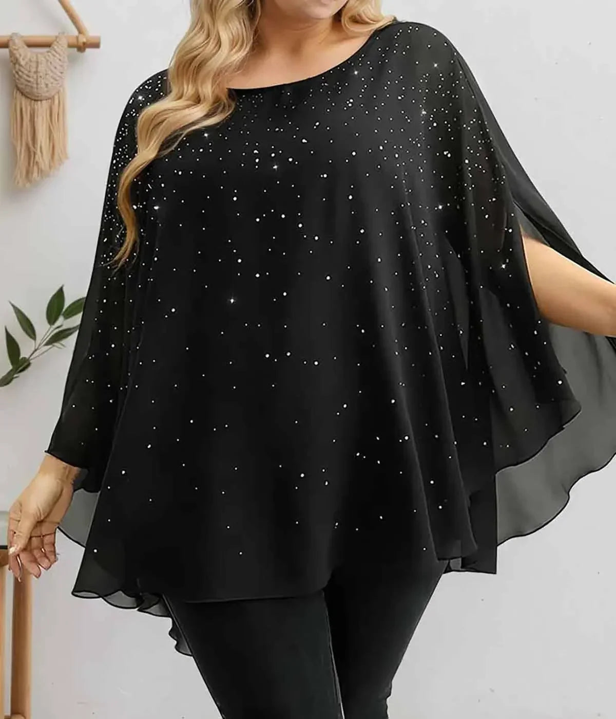Baby's Breath Printed Women Plus Size Blouse Casual Crew Neck Split Chiffon Pullover Summer Female Smock Mesh Loose Tops Shirts