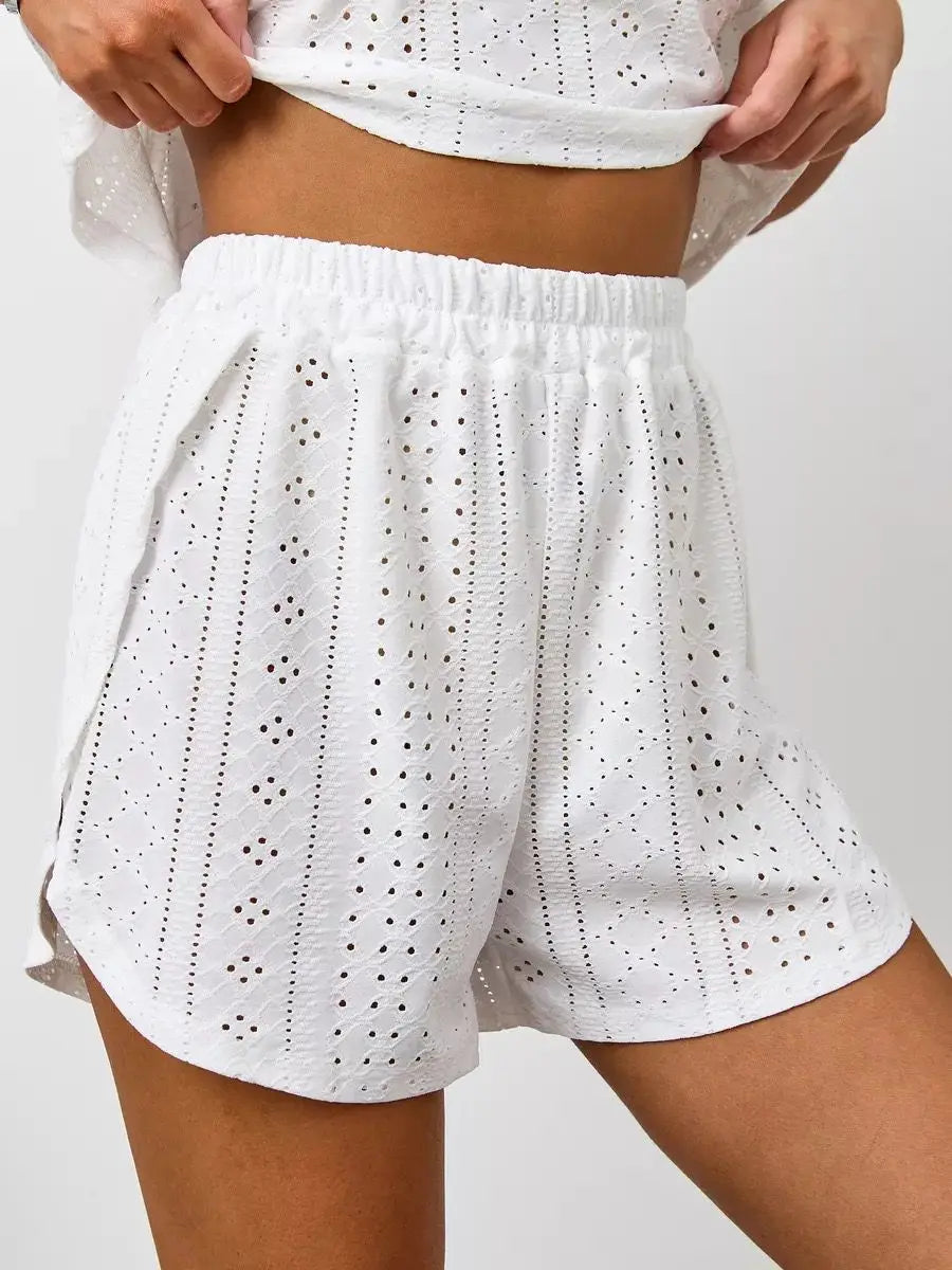 Conjunto de pijamas para mujer de verano: Pijama calado con top de manga larga y pantalones cortos, 2 piezas, ideal para el hoga