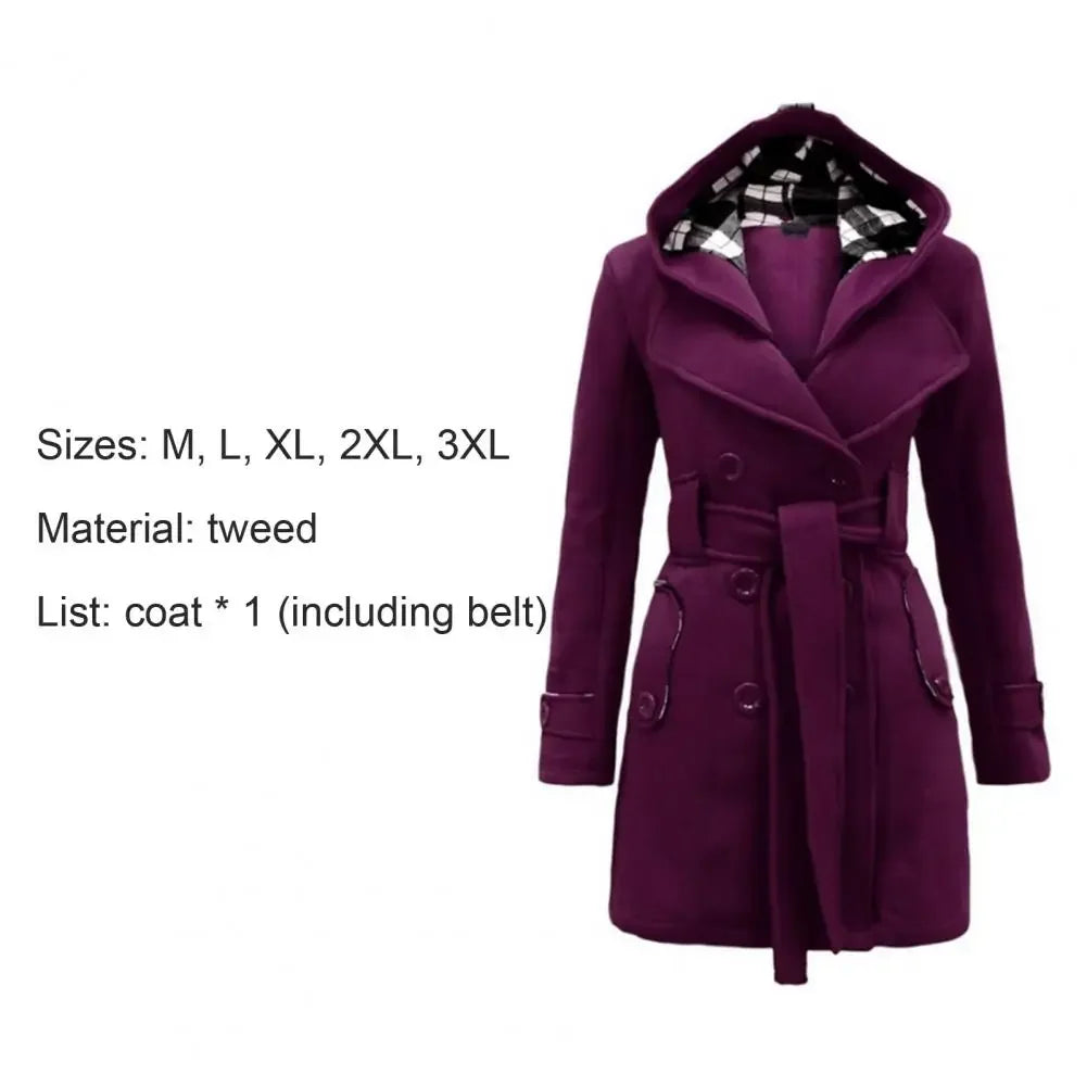 British Style Women Woolen Coat with Belt 2025 Double-Breasted Winter Coat Women's Jacket Double Neckline Plaid Hooded Overcoat