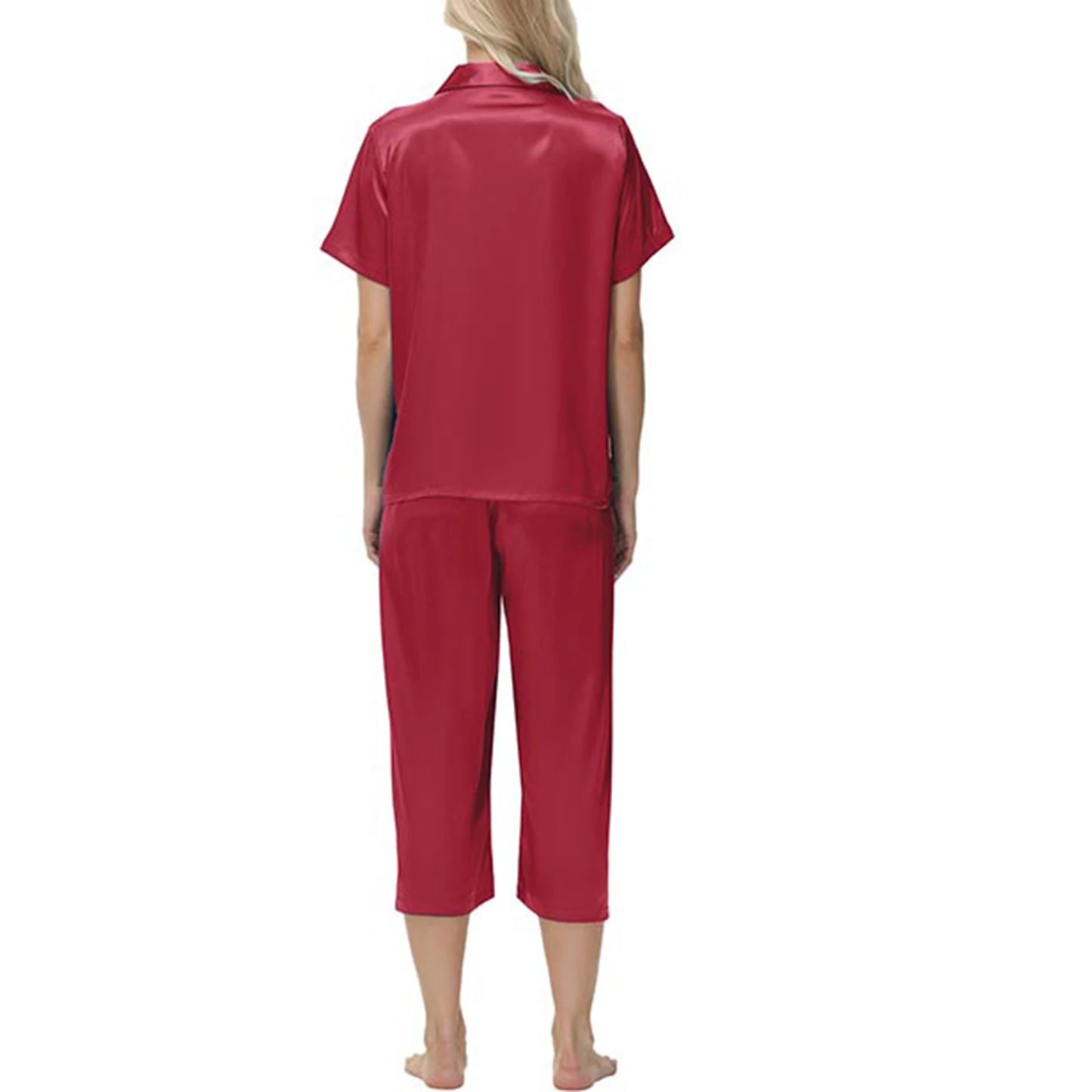 Women'S Pajama Set Burgundy Silky Fabric Short Sleeve Fashion Pants Home Clothes Bedroom Leisure Scene Stay At Home