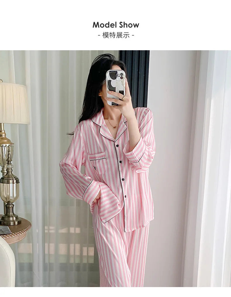 Pink Striped Pajama Set Loungewear Long Sleeves Pants Home Wear Women's Printed Lapel Sleepwear Satin Loose Casual Nightwear