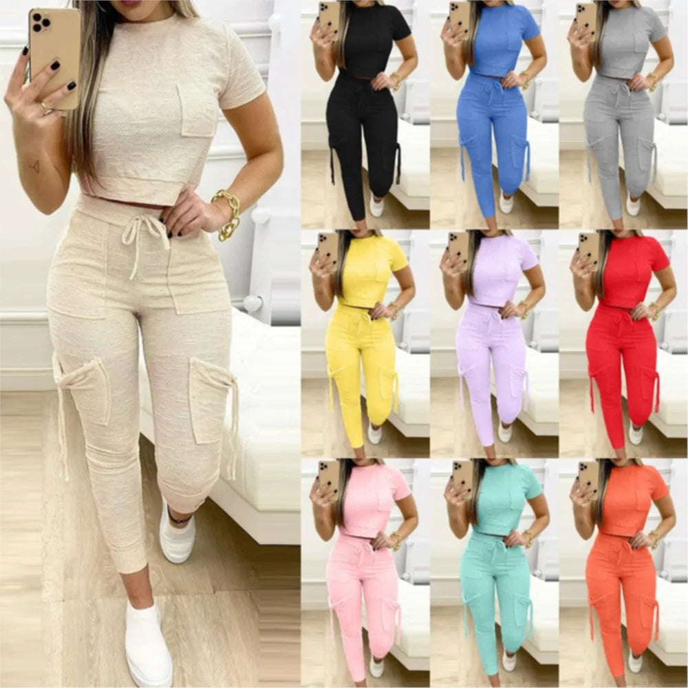 Tight Solid Color Two Piece Set Women Cropped T Shirt Slim Long Pants Leace-up Pocket Ladies Sets 2023 Spring Summer Sportswear