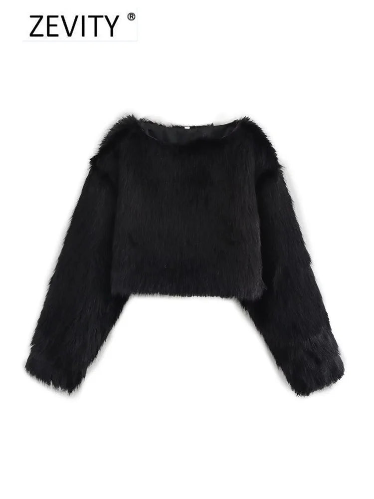 ZEVITY Women Fashion 4 Colors O Neck Long Sleeve Casual Fur Pullover Jacket Female Outerwear Chic Autumn Winter Coat Tops CT7356