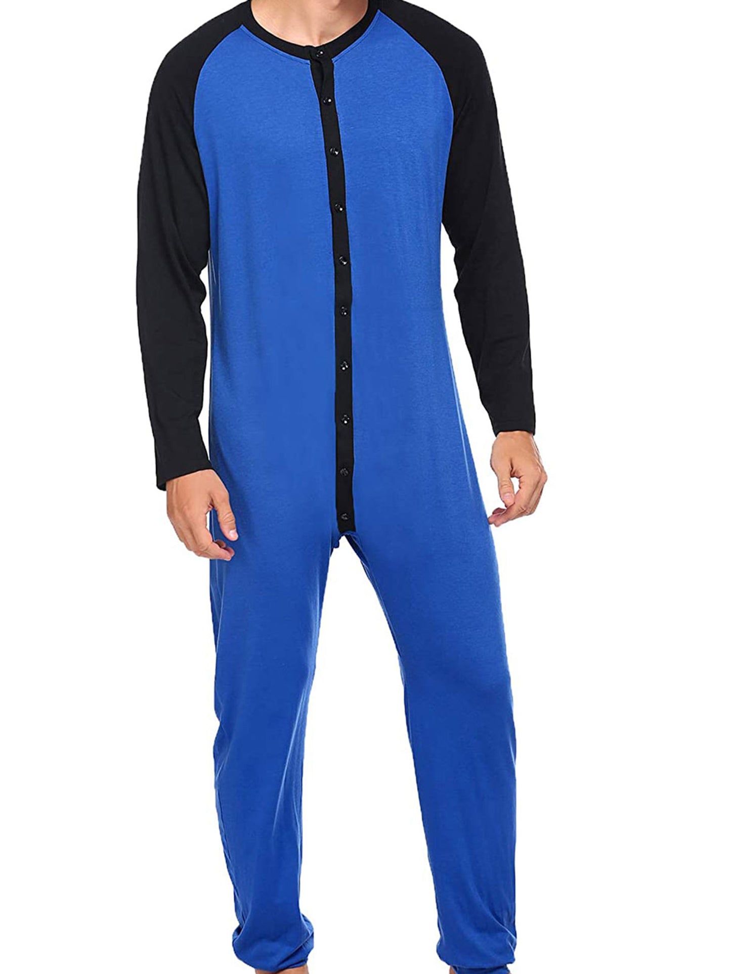 Men s Button Down s Pajama Long Sleeve Round Neck Color Block Jumpsuit Nightwear For Adults