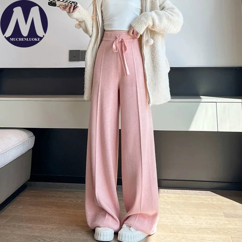 Women's Pants Autumn Winter New Versatile Thickening Keep Warm Knitted Pant Fashionable Casual Loose High Waisted Wide Leg Pants