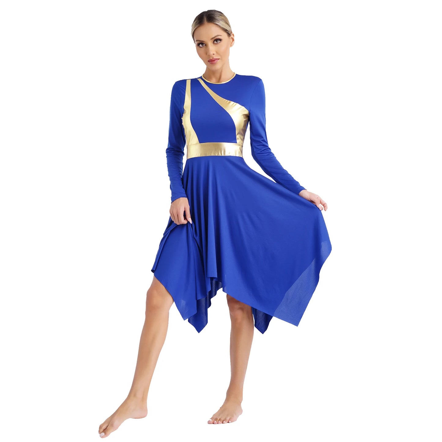 Women Church Choir Worship Liturgical Dress Modern Lyrical Dance Waltz Stage Performance Costume Long Sleeve Metallic Shiny Gown