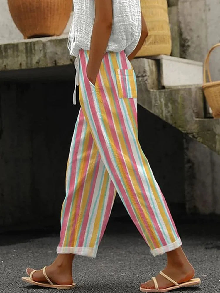 Women Pants New Summer Autumn Boho Style Sleepwear Wide Leg Pants High Waist Casual Female Calf-Length Clothes Loose Trousers