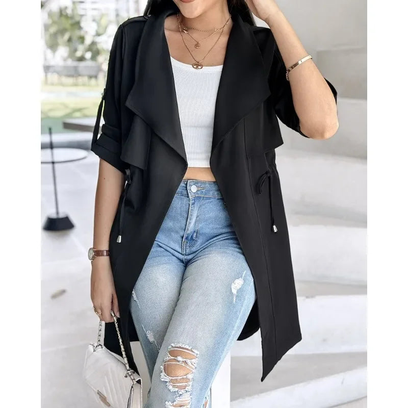 Women's Winter Autumn Casual Loose Solid Color Coat Ladies Fashion Long Sleeves Mid Length Windbreaker Coat