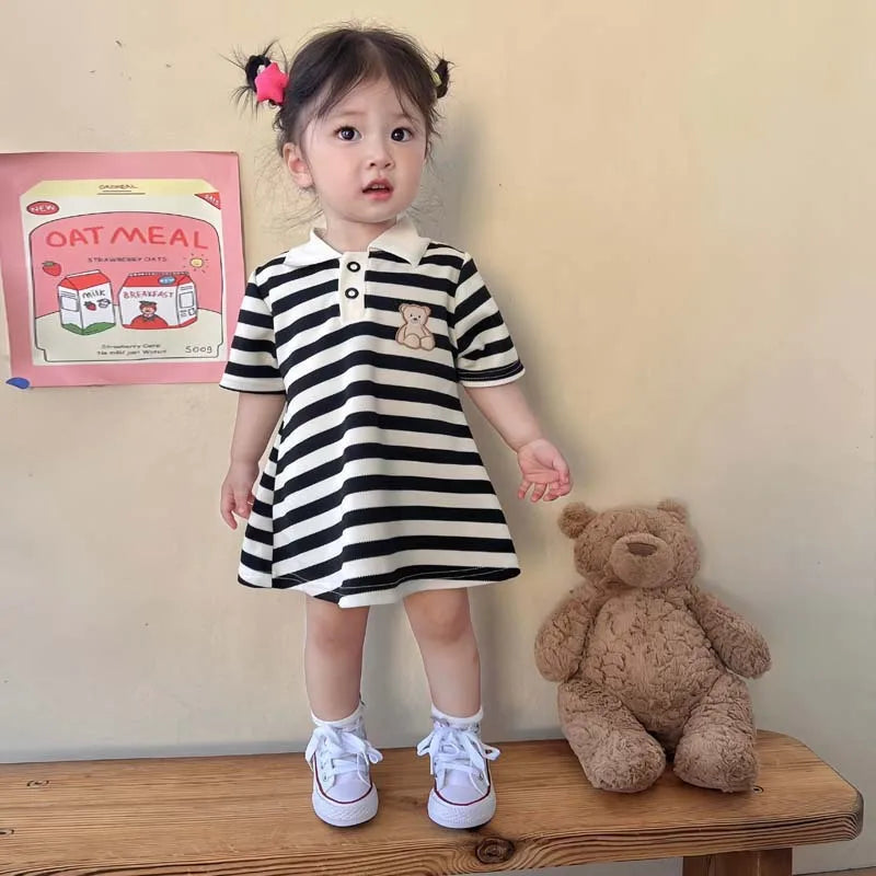 Summer Girl Dress Bear Embroidered Polo Neck Dresses Striped A-line Skirt Princess Skirt Soft and Comfortable Children Clothes