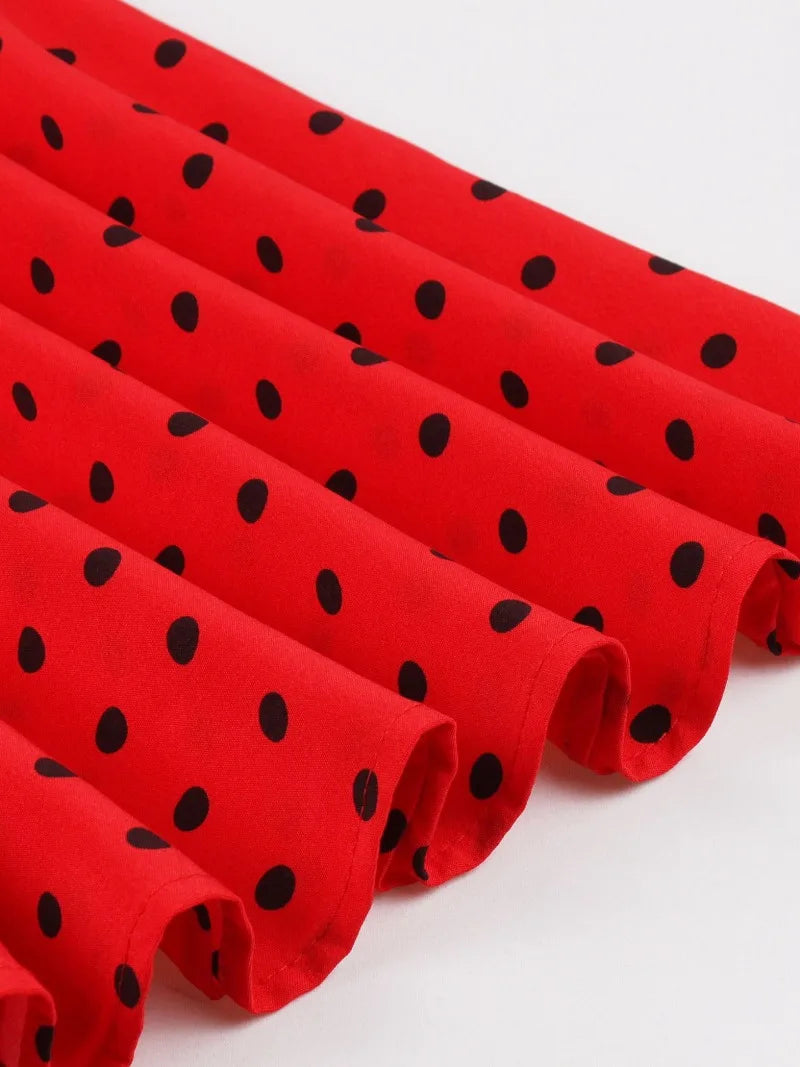 2025 New Women Party Dress Dot Print Sleeveless A Line 50s Evening Gowns Red A-line Tight Waist Prom Banquet Summer Midi Dress