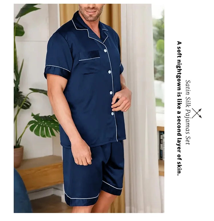 Men's Pajamas Set For Summer Short Sleeve Pocket Button Down Shirt & Shorts Pyjama Loungewear Set Sleepwear Pijama Home Clothing