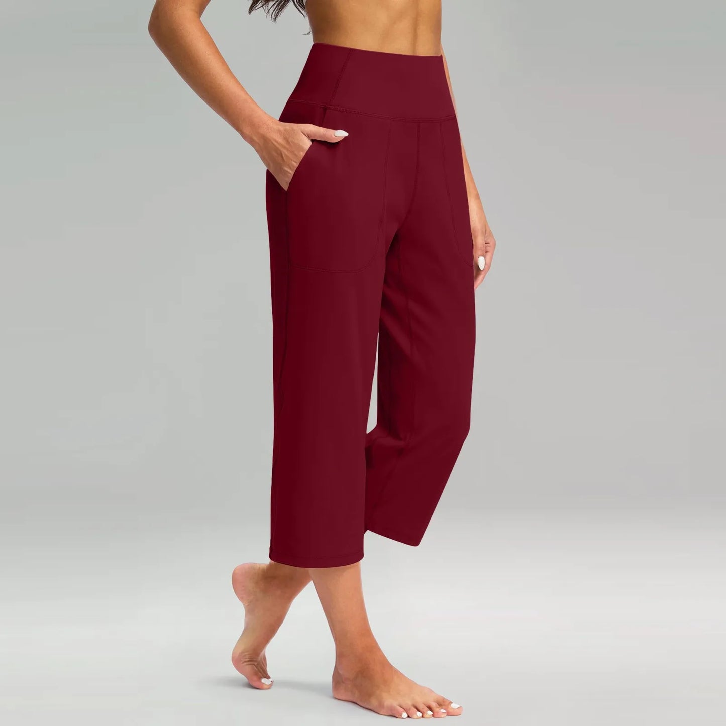 Casual straight sweatpants for women Elastic High Waist 3/4 Pants Sports Capris Leg Pants With Pockets Comfortable Trousers