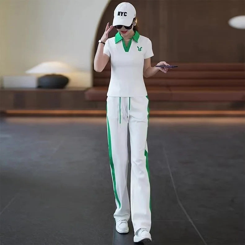 Women's Casual Sports Suit 2025 New Summer Spring Style Clothes Fashion Short Sleeve Lapel T-shirt Wide Leg Pants Two Piece Set