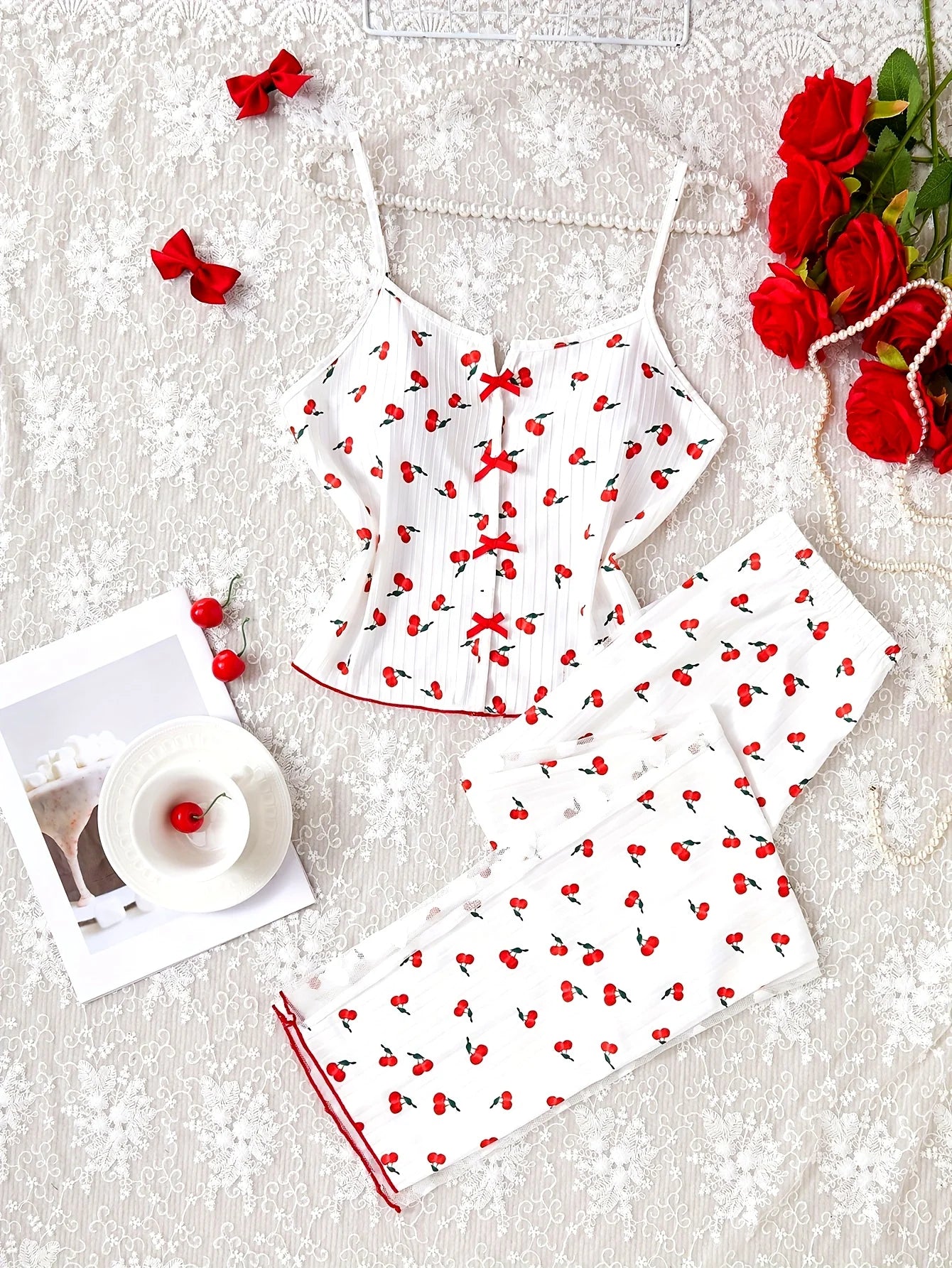Women's Pajamas Set V-Neck Sleeveless Camisole Vest Cherry Printed Knitted Splicing Mesh Pants Sexy Home Pijama 2 Piece Woman