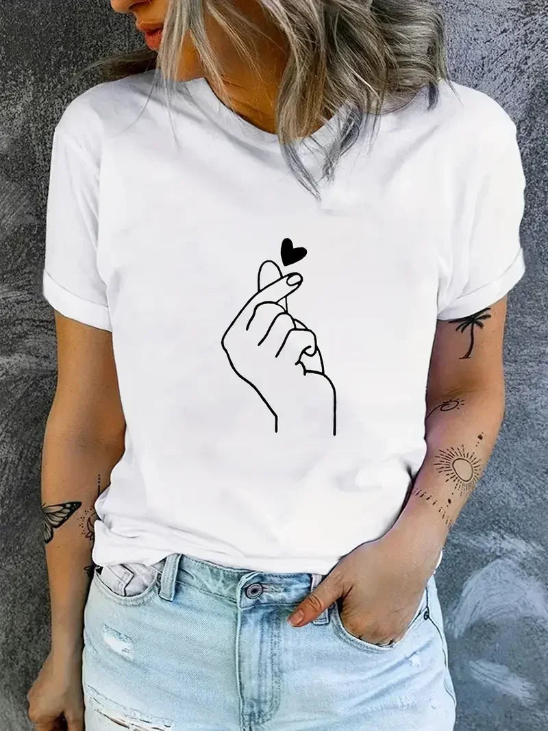 Tshirt Heart Print T-Shirt Short Sleeve Crew Neck Casual Top for Summer Spring Women's Clothing Aesthetic Clothes