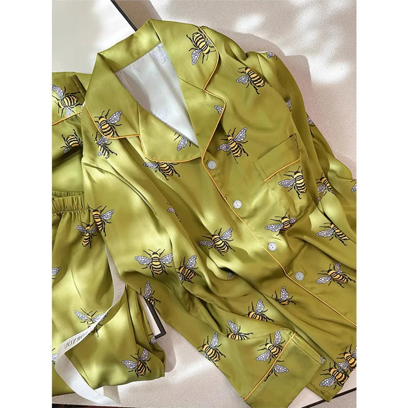 Women's 2PCS Pajama Set Pocket Silk Satin Sleepwear Spring Autumn fashion Print Pyjama Long Sleeve Pijama Mujer Pjs Homewear
