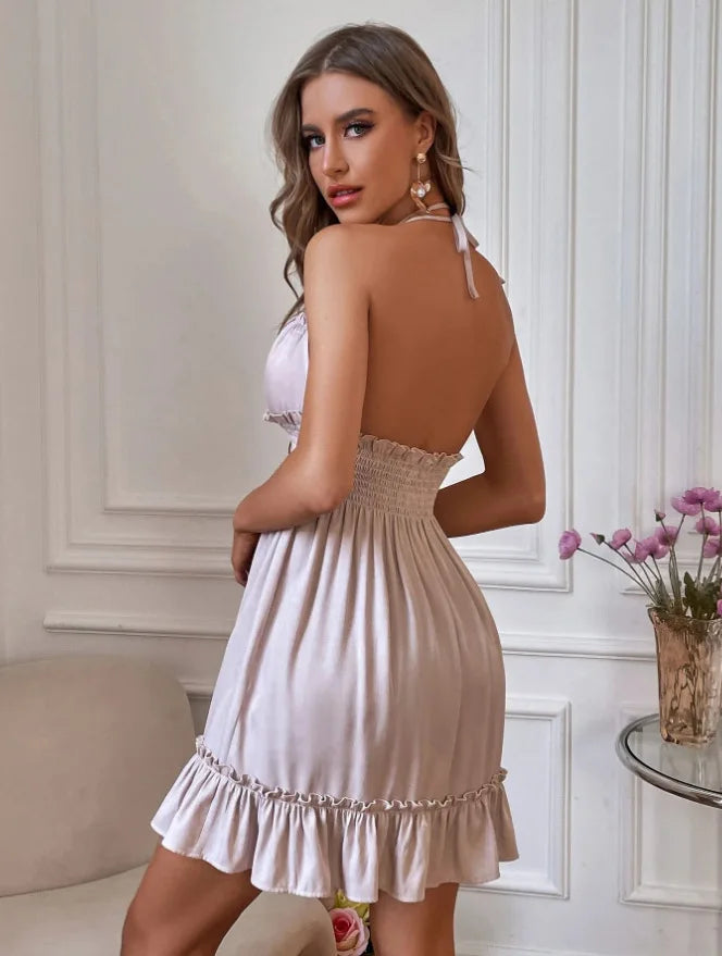 Women's Clothing European Dresses popular deep V-rope suspender black fungus edge parallel wrinkled seam backless sexy dress