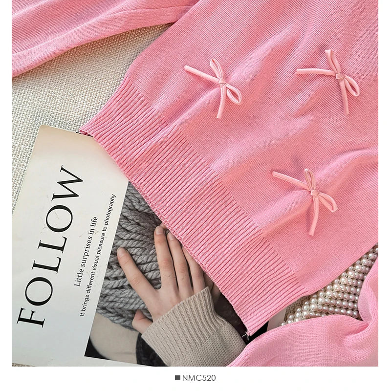 Women Bow Cute Knitted Crop Tops Long Sleeve Square Collar Slim Black Pullover Sweater Female 2025 Autumn And Winter