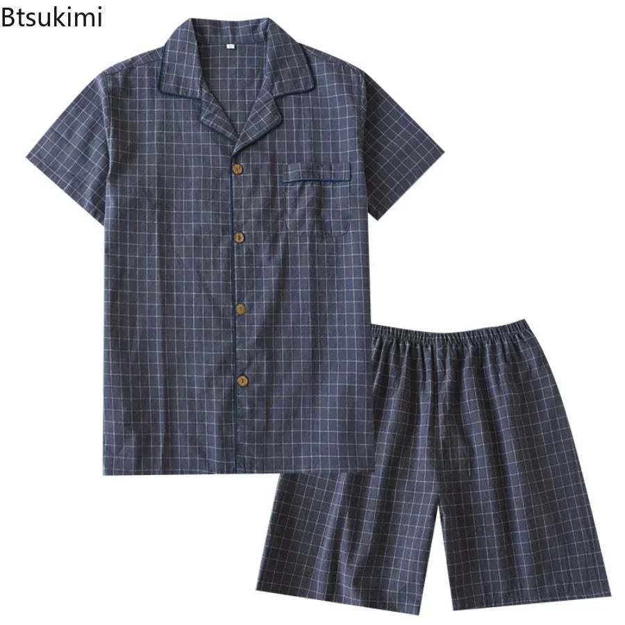 New2025 Men's Summer PajamasThin Short-sleeved Shorts Soft Cotton Simple Japanese Plaid Home Service Suit Pantalon Pijama Hombre