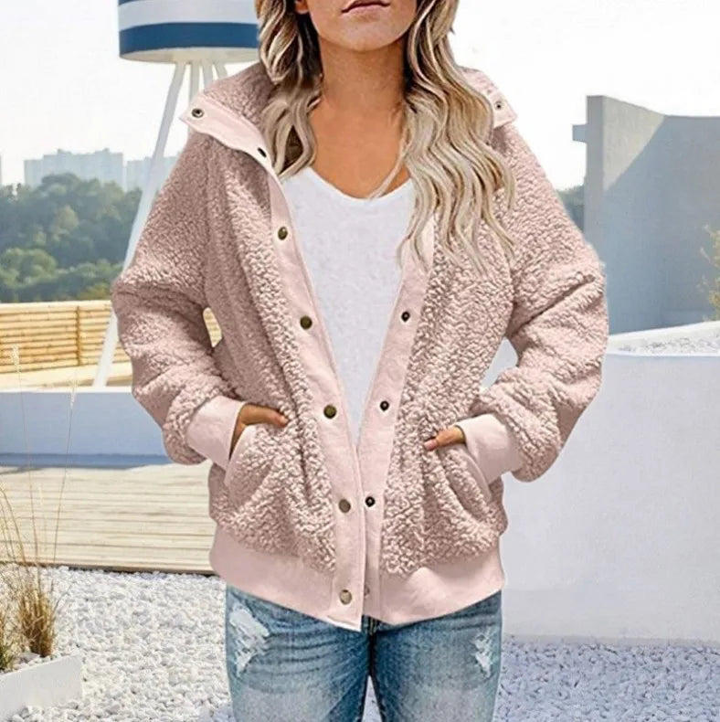 Women Winter Coat Solid Color Long Sleeves Zipper Cardigan Loose Warm Furry Plush Plus Size Lady Coat Winter Clothes