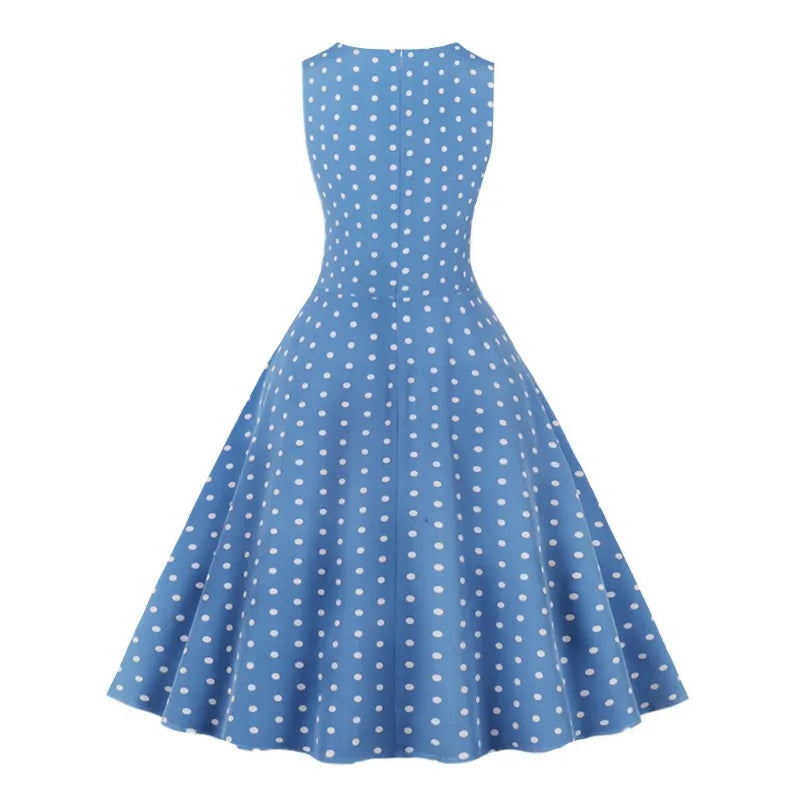 2025 New Women Party Dress Dot Print Sleeveless A Line 50s Evening Gowns Red A-line Tight Waist Prom Banquet Summer Midi Dress
