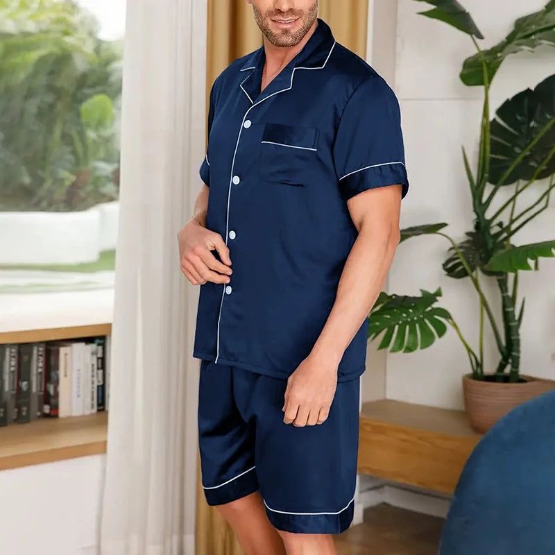 Men's Pajamas Set For Summer Short Sleeve Pocket Button Down Shirt & Shorts Pyjama Loungewear Set Sleepwear Pijama Home Clothing