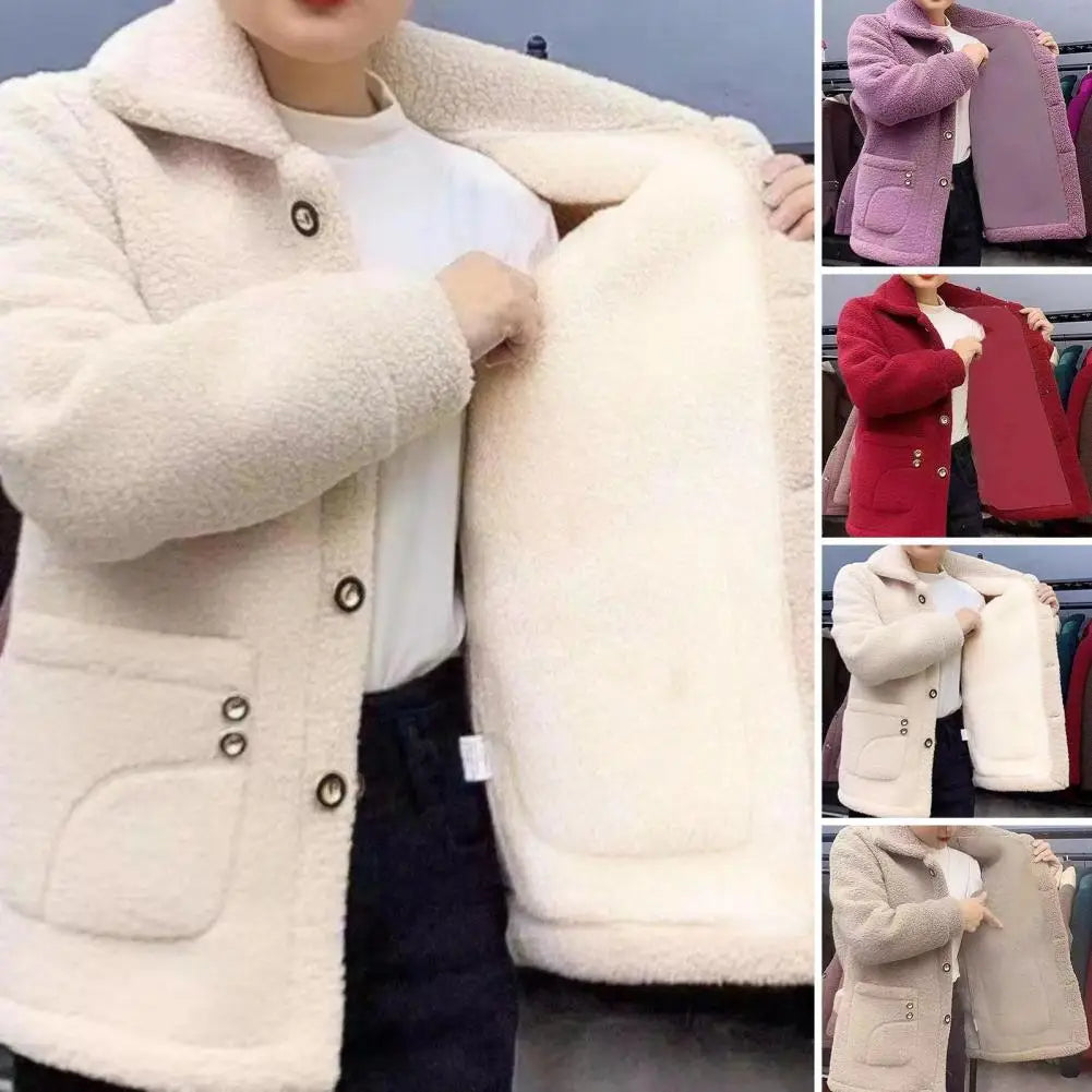 Women Jacket Coat Stylish Women's Lapel Jacket Coat with Imitation Lamb Wool Long Sleeve Thickened Outwear for Autumn Winter