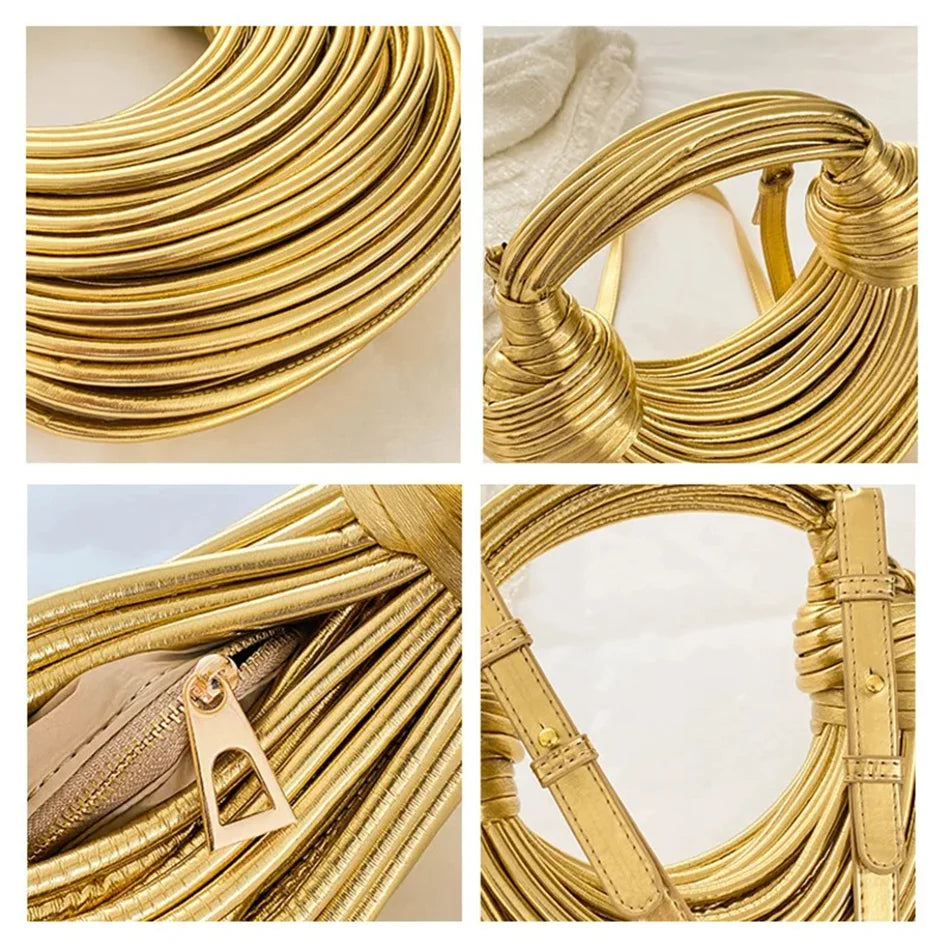Handbags for Women Gold Luxury Designer Brand Handwoven Noodle Bags Rope Knotted Pulled Hobo Silver Evening Clutch Chic