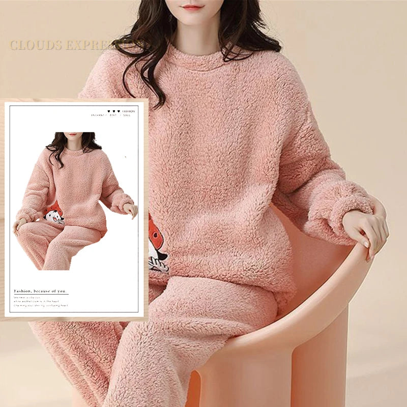 Autumn Winter Flannel Women's Pajamas Sets Polka Dots Printed Teddy Sleepwear Velvet Homewear Kawaii Girsl Pijamas Mujer Pyjama