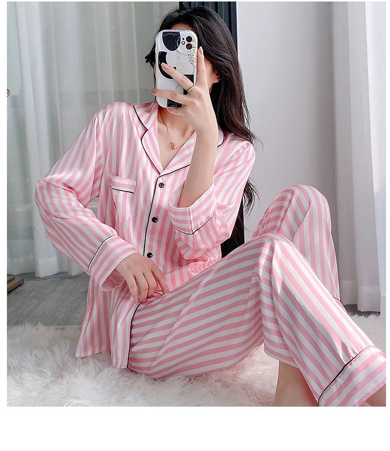 Pink Striped Pajama Set Loungewear Long Sleeves Pants Home Wear Women's Printed Lapel Sleepwear Satin Loose Casual Nightwear