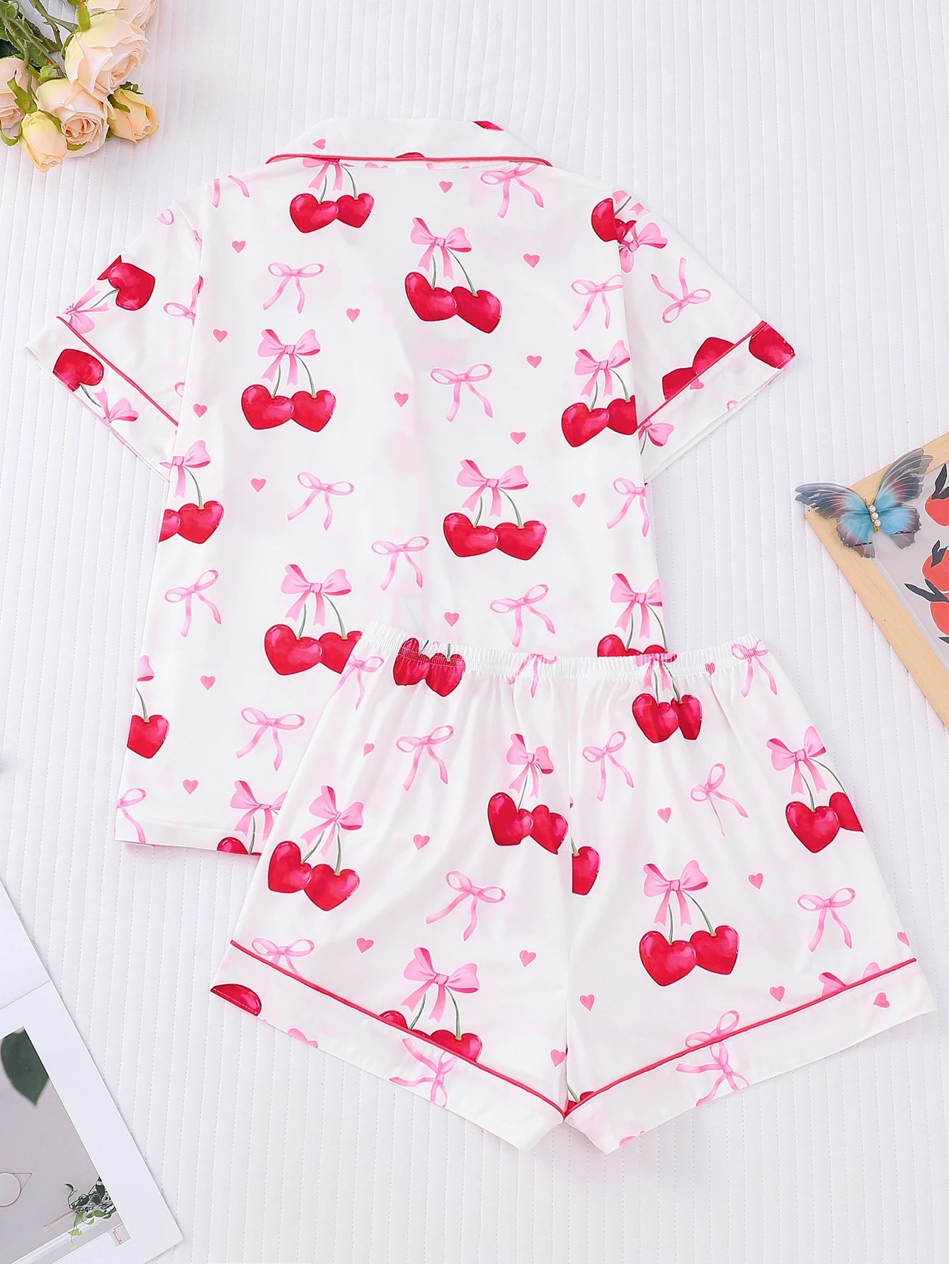 Women's 2-Piece Elegant Cherry Bow Print Pajama Set Short Sleeve Button Shirt Stretchy Shorts Party Sleepwear Loungewear