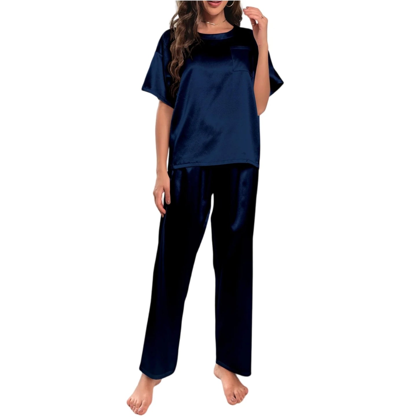 High Quality Casual Ice Silk Loose Pajamas Set Short Sleeved Long Pants Comfortable Pajama Set Daily Home Clothes Pajama Set