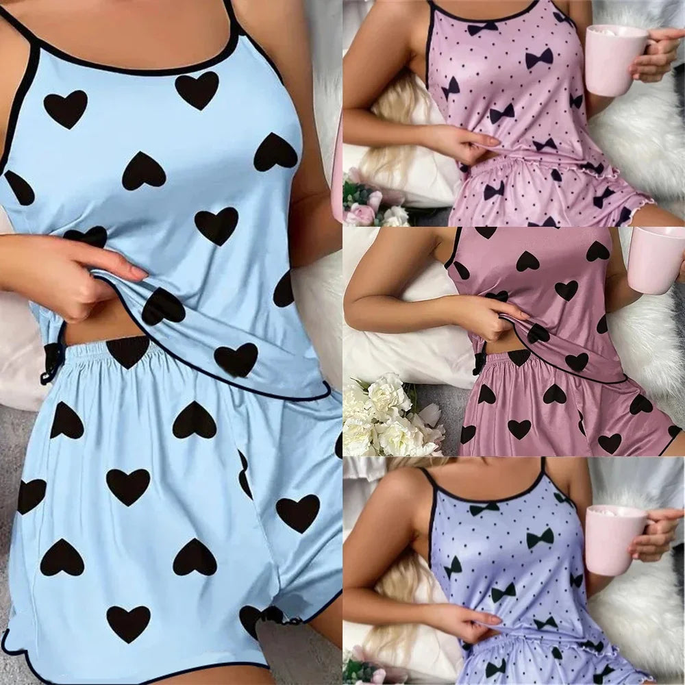 Summer New Women's Pajama Set Breathable Soft Casual Love Printed Design Sweet Home Strap Shorts Pajamas