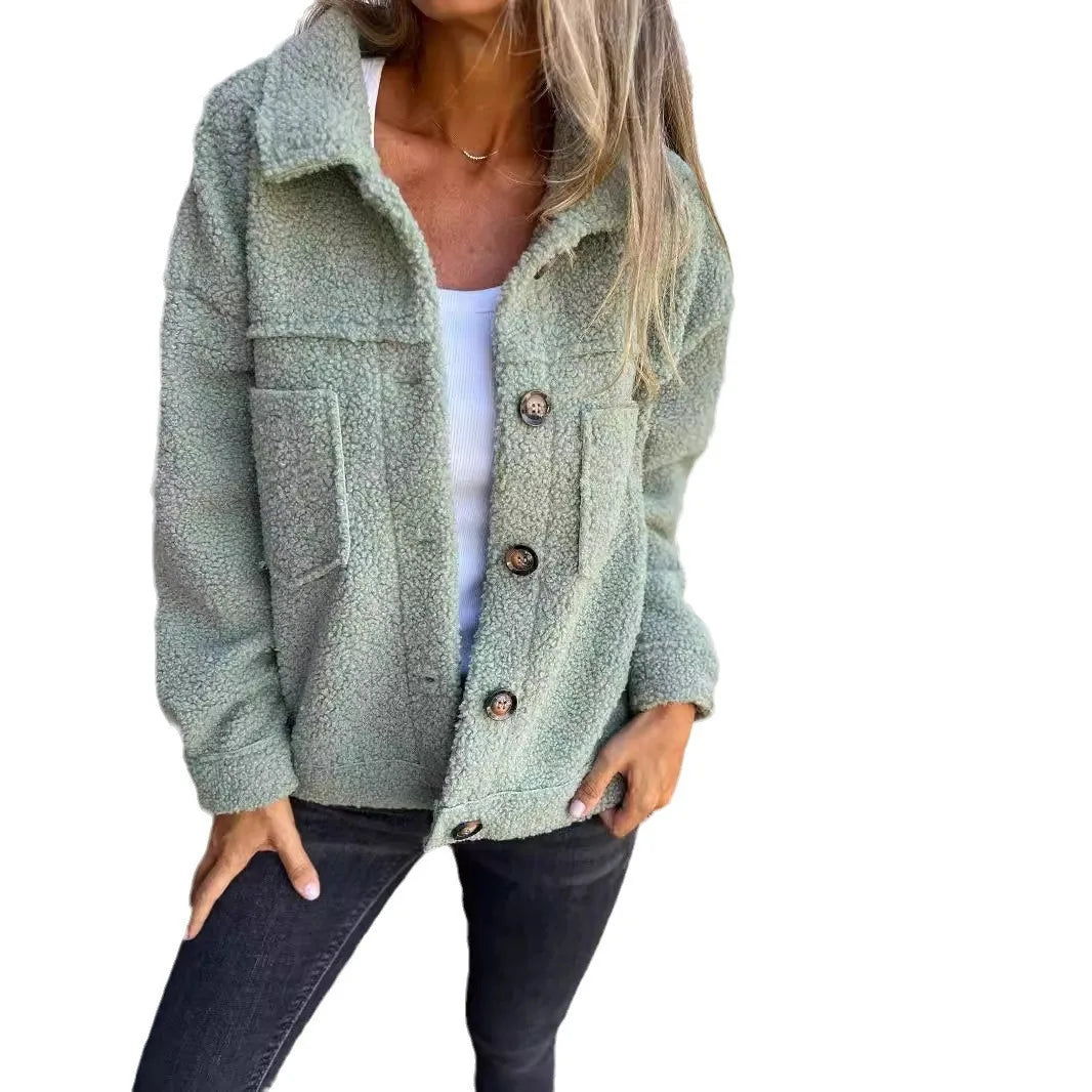 Lamb Wool Coat Women Autumn Winter Outerwear Warm Short Jacket Single Breasted Turn Down Collar Pockets Office Lady Overcoat