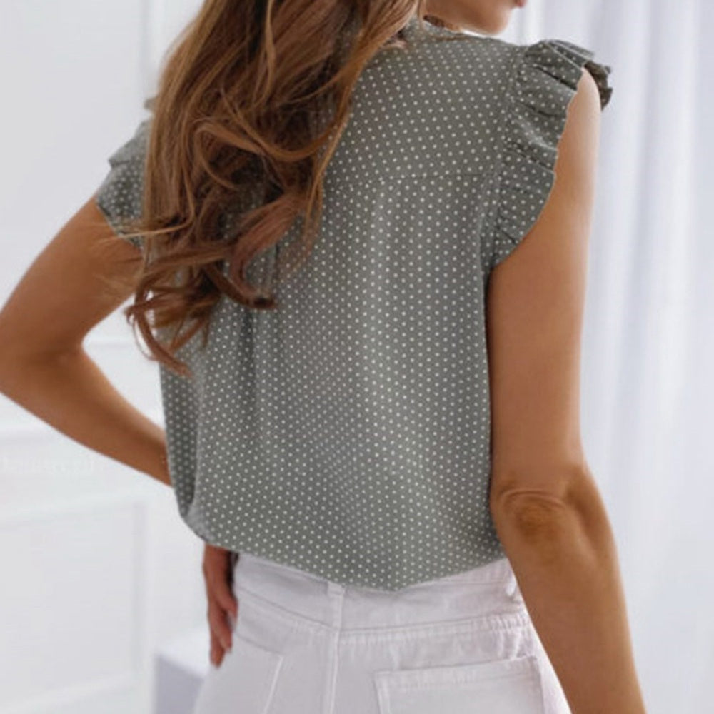 Women Blouses Butterfly Short Sleeves Shirt Summer Bow Lace Up Polka Dot Female Tops Ruffle Pullover Vintage Blusa