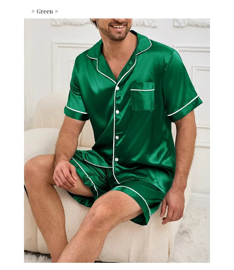 Men's Pajamas Set For Summer Short Sleeve Pocket Button Down Shirt & Shorts Pyjama Loungewear Set Sleepwear Pijama Home Clothing